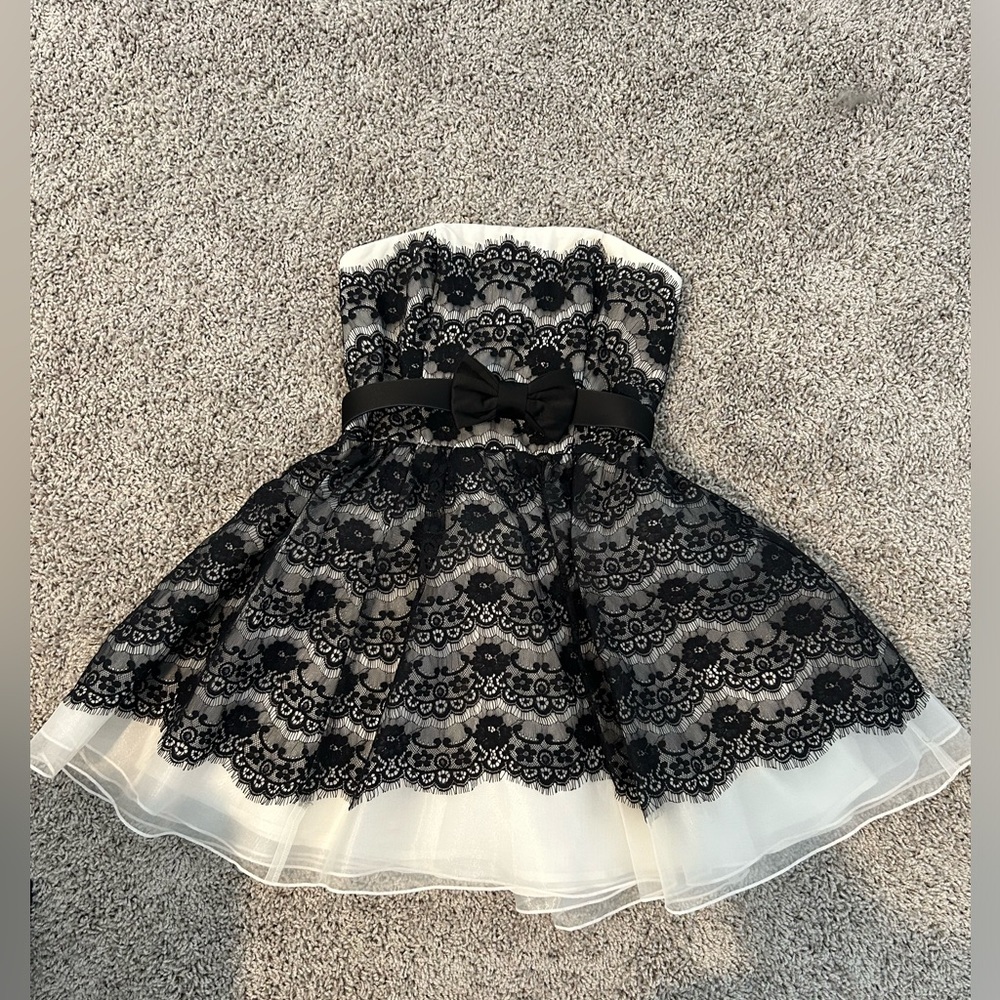 Cream with black lace prom dress